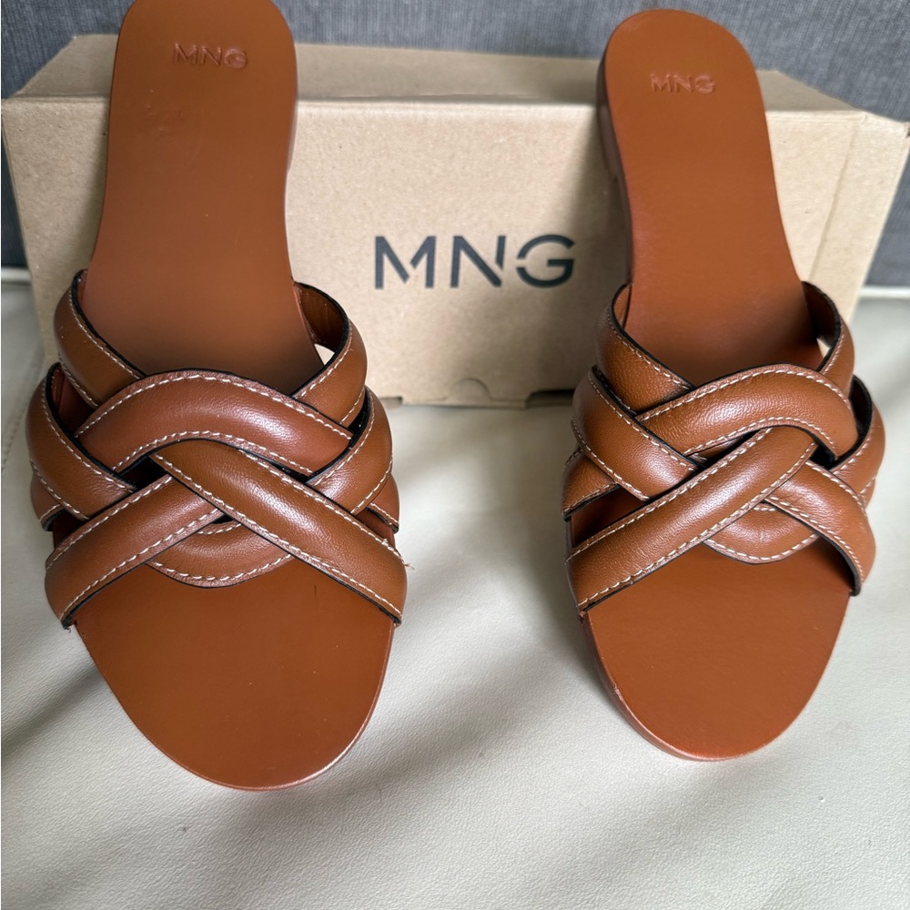 Mango Doblet Cross Strap Leather Slide Sandals EU 37/ US 6